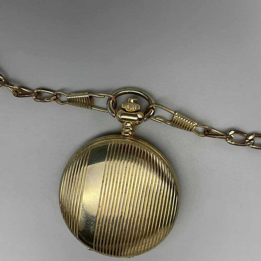 Milan Pocket Watch Men 46.9mm Gold Tone Full Hunter Chain White Date New Battery